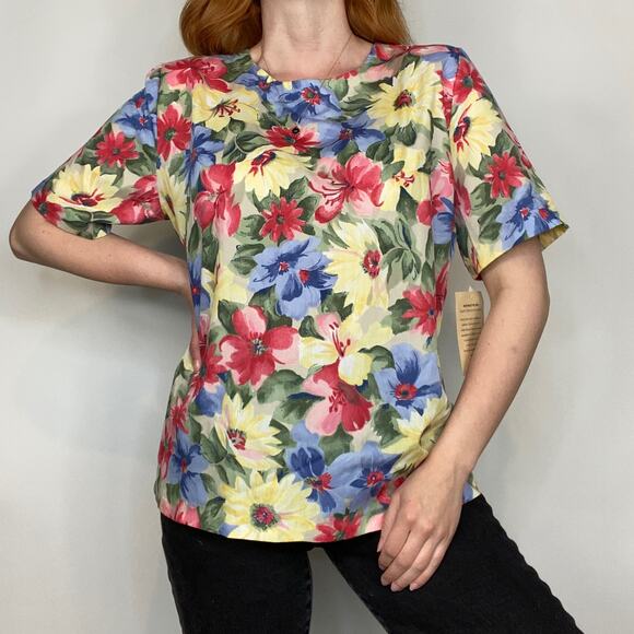 Vintage 90s Cristin Stevens Deadstock Neutral Floating Floral Print Blouse Tee - Picture 5 of 12